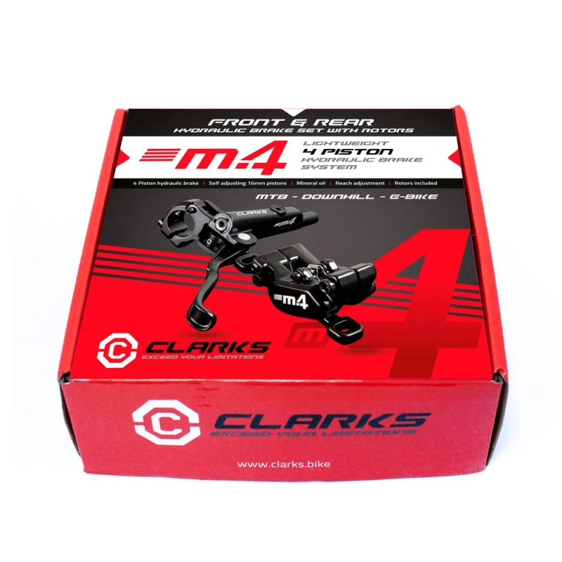 Brakes Clarks M4 - 4 Piston Hydraulic Disc Brake Set - Front & Rear - 180/160mm 4 Brakes Clarks M4 - 4 Piston Hydraulic Disc Brake Set - Front & Rear - 180/160mm